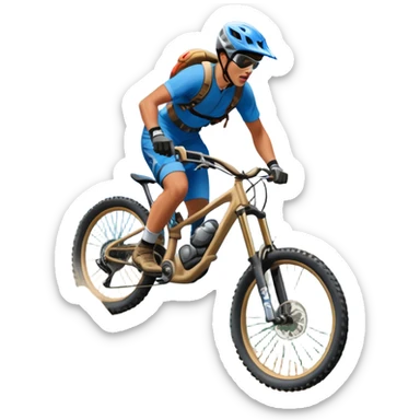 A thrilling downhill mountain biking scene! A rider in full gear speeds down a steep rocky trail, kicking up dust. The rugged mountain landscape surrounds them, with towering peaks, evergreen trees, and a bright blue sky. The rush of adventure is in the air. Transparent background. sticker