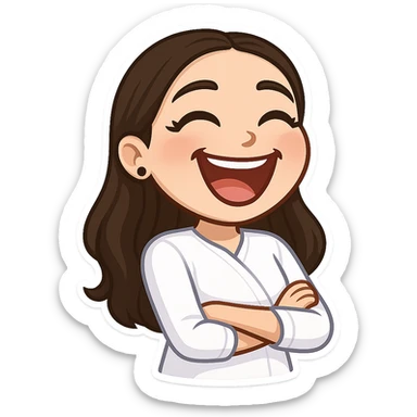 Create a chibi sticker of the girl from the reference image laughing joyfully. Use 3D bitmoji style with a white outline and transparent background. sticker