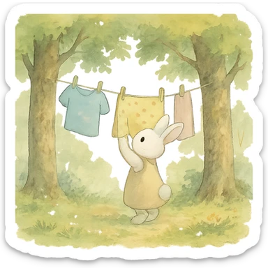 a bunny hanging laundry between trees, calming domestic forest feel, soft pastel colors sticker