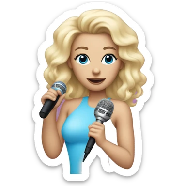 Blonde, caucasian singer wearing a pink and blue bodysuit and holding a microphone sticker
