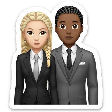Black guy with black  cornrows in a suit with white girl with blonde hair and a fancy dress posing for a fashion show sticker