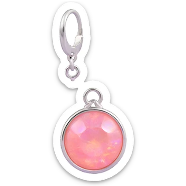 extreme macro of a round cut pink fire opal charm with silver setting and silver jump ring, glossy and iridescent finish sticker