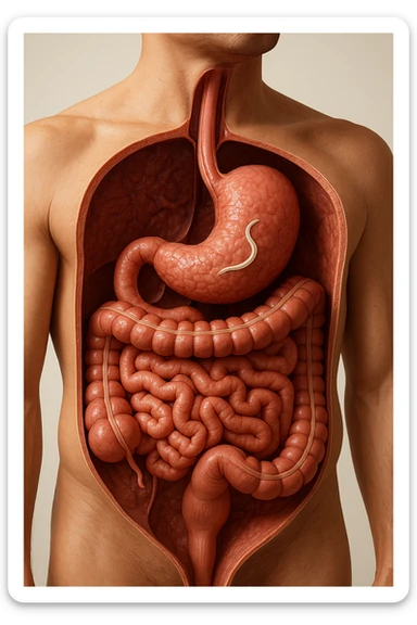 a 3D cutaway view of the human digestive tract, showing an Anisakis larva attached to the stomach or intestinal wall. in a man sticker