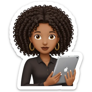 Dark brown Black girl with curly ponytail holding ipad sticker