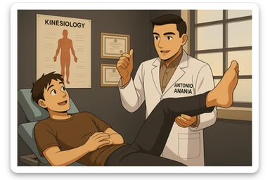 su questo lettino rappresenta un webtoon manga a colori con questo stile, in cui un uomo è steso sul lettino medico e il kinesiologo con il camice bianco (fagli anche la scritta "ANTONIO ANANIA" SUL CAMICE, gli solleva una gamba per fargli il test neuromuscolare, IL KINESIOLOGO SPIEGA ALL'UOMO UNA cosa mentre gli alza la gamba. l'espressione dell'uomo è felice e soddisfatta, non fare i fumetti però, fai solo in modo che sembri stiano parlando sticker