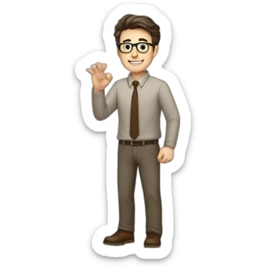 To belt Actively gesturing with hands Pale skinned fit man teacher with dark brown hair in gray jacket, beige office shirt, brown tie, brown pants and vintage glasses. sticker