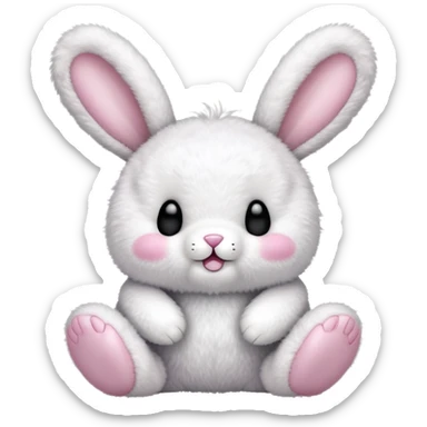 a fluffy toy teddy with a light pink colored shell and ears and a white face and rabbit feet, with a cute black closed eyes and mouth sticker