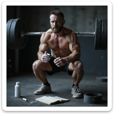 30-year-old muscular man during squat with barbell, tired face, hands with chalk, training diary nearby, dark circles and redness on joints, water bottle, magnesium, belt on floor, blurred gym background, cold lighting, cinematic realism style sticker