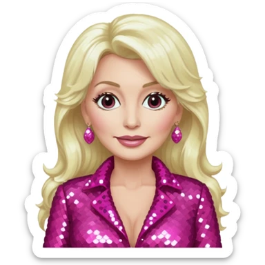 Dolly Parton with long platinum blonde hair, dark pink sequin outfit sticker