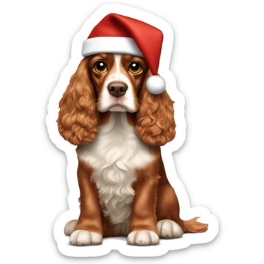 A full-length, adult, red cocker spaniel in a New Year's cap sticker