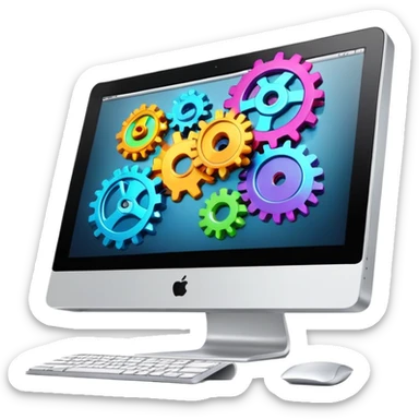 iMac computer with colorful gears on the screen sticker