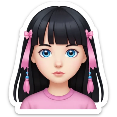 girl with long black hair and bangs blue eyes and hairclips in pink sticker