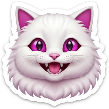White cat, very happy open mouth smile, fangs showing, magenta eyes, black background, cute cartoon style sticker