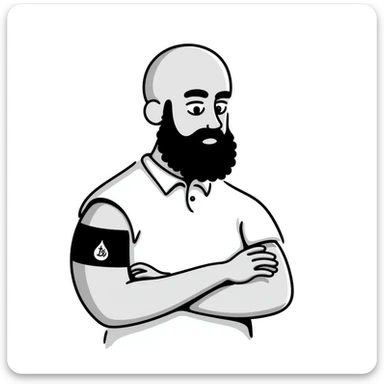 bald man with a beard and visible tattoo sticker