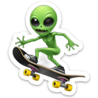 An alien doing sick skateboarding tricks sticker