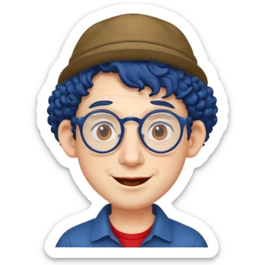 dark blue haired man curly hair with big ears and red earrings and spectacles happy and hat wearing sticker