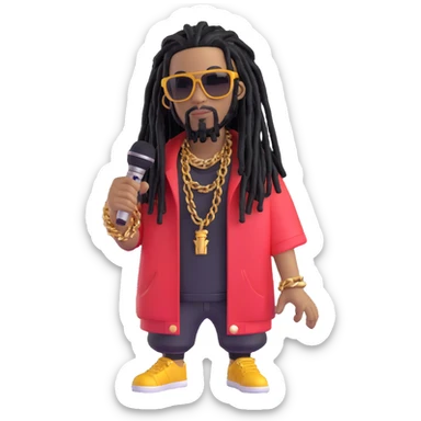cool rapper with black dreadlocks, sunglasses, gold chain, microphone, hip-hop style sticker