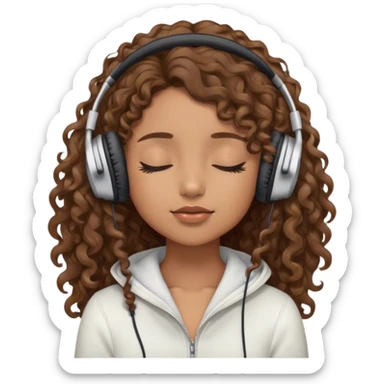 Light brown skin girl, long curly brown flat hair, eyes closed, headphones on listing to music sticker
