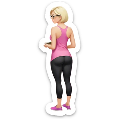 View from knees up, view from the back, fair skinned woman, curvy, short blond hair, small reading glasses, cooking dinner in kitchen, pink loose tank top, showing natural B cup breast shape SFW, black yoga pants, large curvy booty sticker