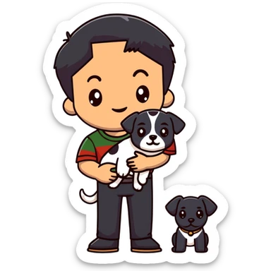 Mexican man with black hair and brown eyes wearing a shirt and black pants, holding a small white dog with one brown ear sticker