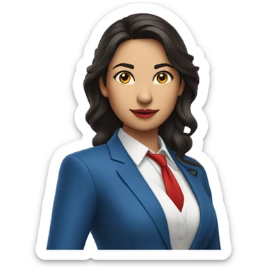 latin woman in blue suit, white shirt and red tie pointing to the right sticker
