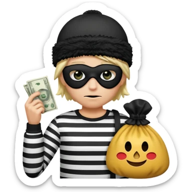 a short ios emoji-style portrait of a classic burglar, a black eye mask and a black-and-white striped shirt. emoji-like hair, black winter-like hat, a bag of money 💰 with a dollar sign in a right corner, evil expression WITHOUT a hand  sticker