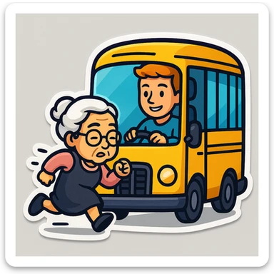 Make it **Sticker style**: old lady should run to reach the bus, the driver is man under 30 with orange hair sticker