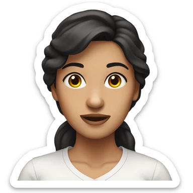 A woman with dark hair and hazel browm eyes, waering a white shirt sticker