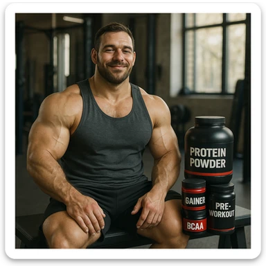 hyper realistic relaxed bodybuilder sitting on a bench with his 'stack' supplements beside him, satisfied smile, realistic details, natural light, sports environment sticker