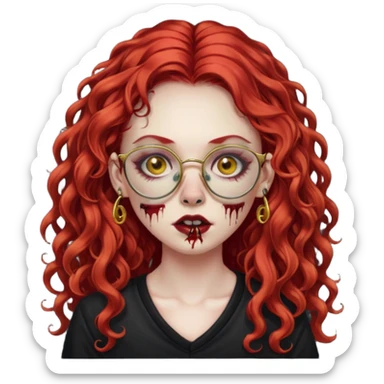 zombie girl with long red curly hair, thick lashes, black glasses, gold nose piercings on each nostril, and a gold eyebrow piercing. sticker