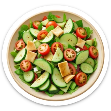 Cinematic Realistic Fattoush Salad Dish Emoji, depicted as a colorful medley of greens, tomatoes, cucumbers, and crispy pita rendered with vibrant textures and refreshing lighting. sticker