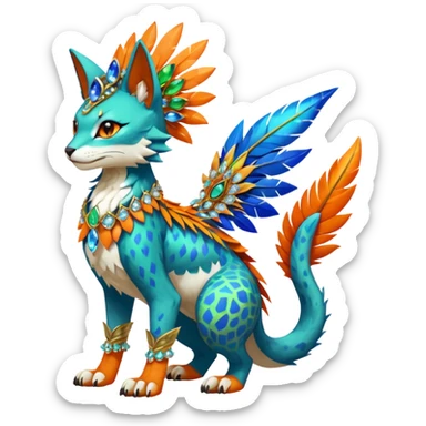 Kawaii cute colorful exotic tropical beautiful pretty elegant divine edgy feline-vernid-sergal-Fakémon-Pokémon-fursona-animal-creature with accessories, jewelries, full body, with intricate detailed markings, feathers, crystals, fins, scales, headdress sticker