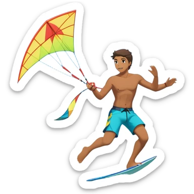 A kite surfer soaring above the waves, holding onto a kite with the wind in full force. The background showcases the ocean and sky, emphasizing the freedom, thrill, and energy of the sport. The motion of the kite and board is dynamic, capturing the excitement of kiting. sticker