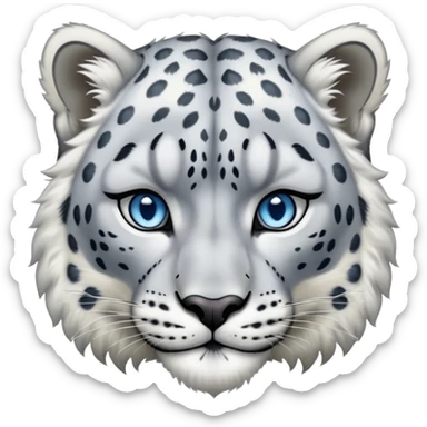 Cinematic-Noble-Snow-Leopard-Portrait-Emoji – Poised and majestic, with a muscular, agile build and a beautifully patterned coat of soft white and grey fur, marked with striking rosettes, deep-set, intelligent icy blue eyes, simplified yet sharp and sophisticated. sticker