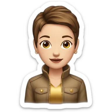 girl-shortest brown hair-gold jacket-smile-ear rings sticker