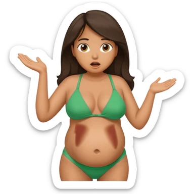Latina girl, tan skin, pregnant, green bikini, shocked face, huge belly sticker