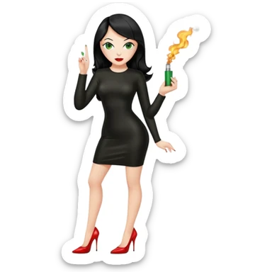 🕵🏻‍♀️💦🧥 black hair , green eyes , full body , red high heels , black latex dress , 🖕🏻🚬 sticker