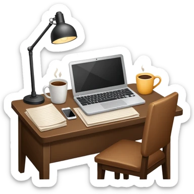 emoji of a cozy desk with a paper, a coffee, and a laptop on it sticker