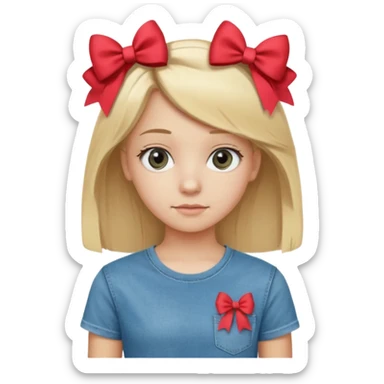14 years old girl, with blonde hair, grey eyes. Wearing t-shirt and jeans. Wearing a bow sticker