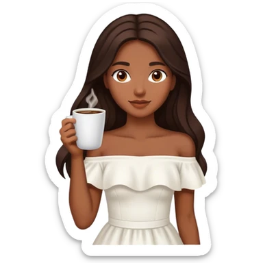 Beautiful woman in 1950’s woman fashion look, off-shoulder white dress, long dark brown hair, coffee sticker