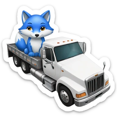 blue fox sits on a truck with a trailer that is driving on the road sticker