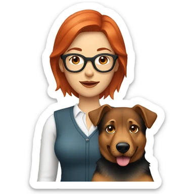 woman with red hair wearing glasses with german shepherd dog sticker