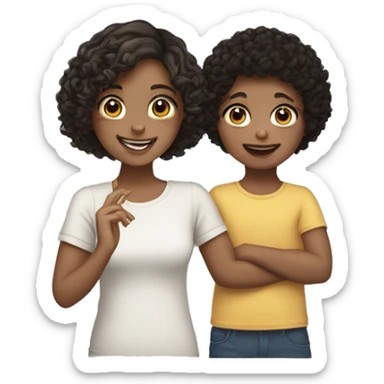 smiling fair skinned girl with medium straight brown hair holding a fair skinned toddler with curly black hair sticker