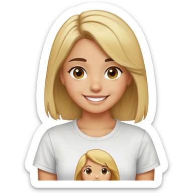an while girl with blond and brown hair smiling , tshirt sticker