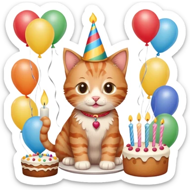 Ginger tabby kitten celebrates birthday, birthday hat, birthday cake, one candle, balloons, happy, gifts sticker