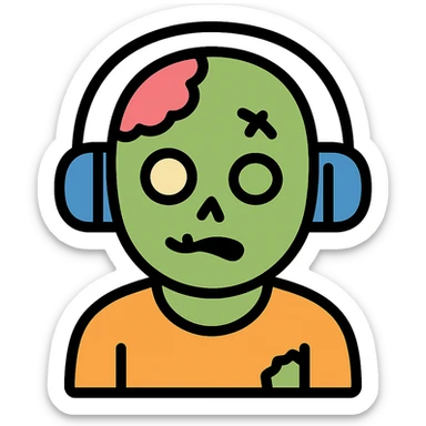 a zombie with headphones, color outline icon style sticker