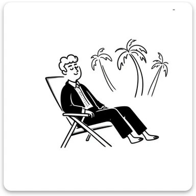 hand-drawn blonde man in business suit sitting on beach chair with palm trees, on vacation sticker