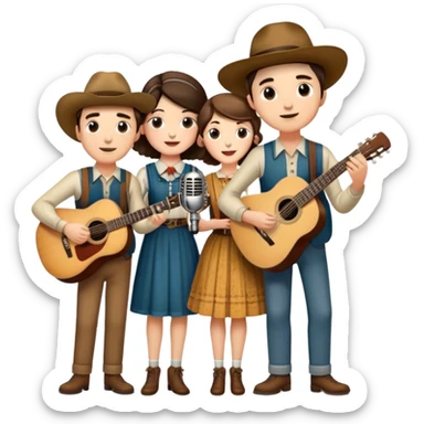 Icon for Country Music: The Carter Family—Alvin, Ezra, Sara, and Maybelle Carter—grouped together with a vintage microphone, acoustic guitars, and Appalachian folk aesthetics. A warm, nostalgic atmosphere represents their influence on country music. Transparent background. sticker