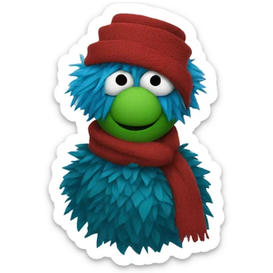 A blue muppet with dark green spiky hair over their eyes, wearing a red scarf sticker