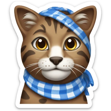 brown wildcat wearing blue and white checkered bandana around its neck sticker